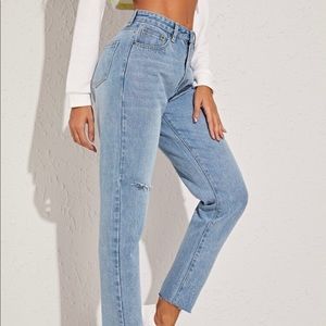 NWT Shein Acid Wash Destroyed Raw Hem Mom Jeans